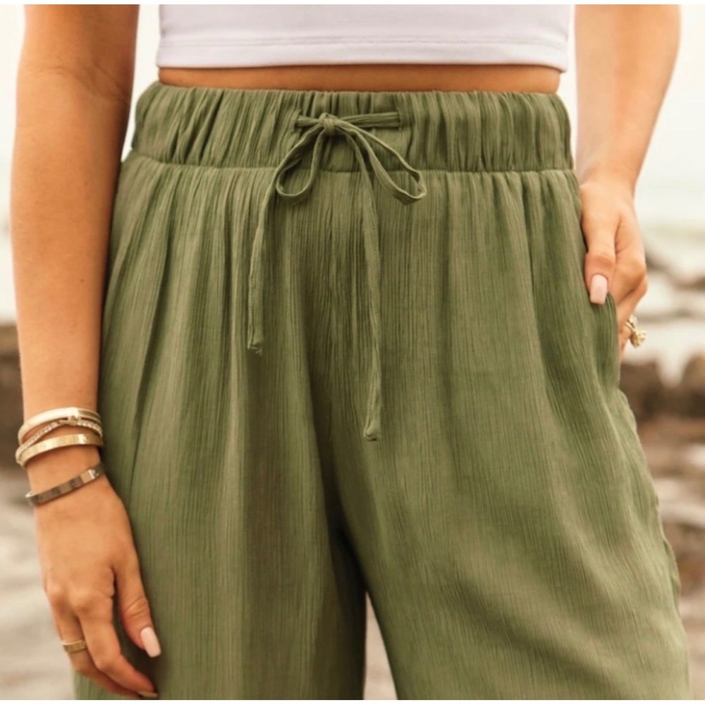 Abercrombie & fitch crinkle textured gauze olive green pull on wide leg pants L - Picture 2 of 8